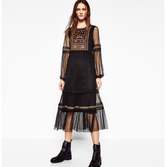 Zara Embellished Beaded Boho Tulle Midi Dress | Polka Dot Mesh Sleeves | TRF Rar - Picture 1 of 8